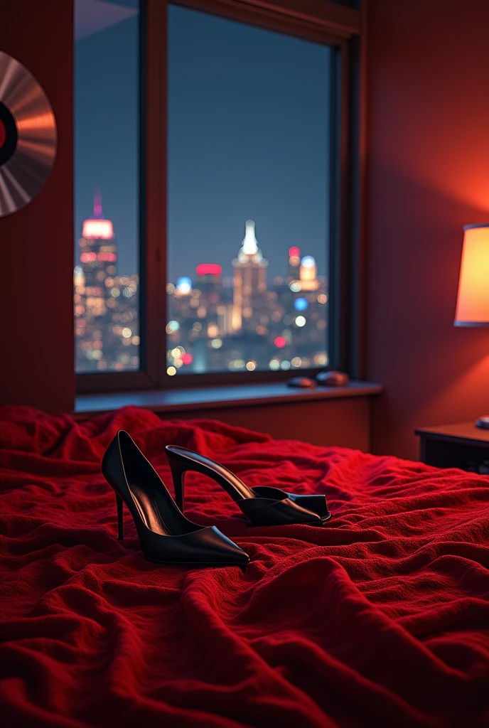 Very realistic image of a bed and a view of a city with many lights, more realistic and human, where the bed is messy with heels on the floor and panties on the bed, no people in the room, just the objects, take the whole room, red lights and some smoke, with a platinum record on the wall, like a slutty image from a very real music album and smoke, just a pair of heels and panties on the red lace bed And the platinum record on the wall