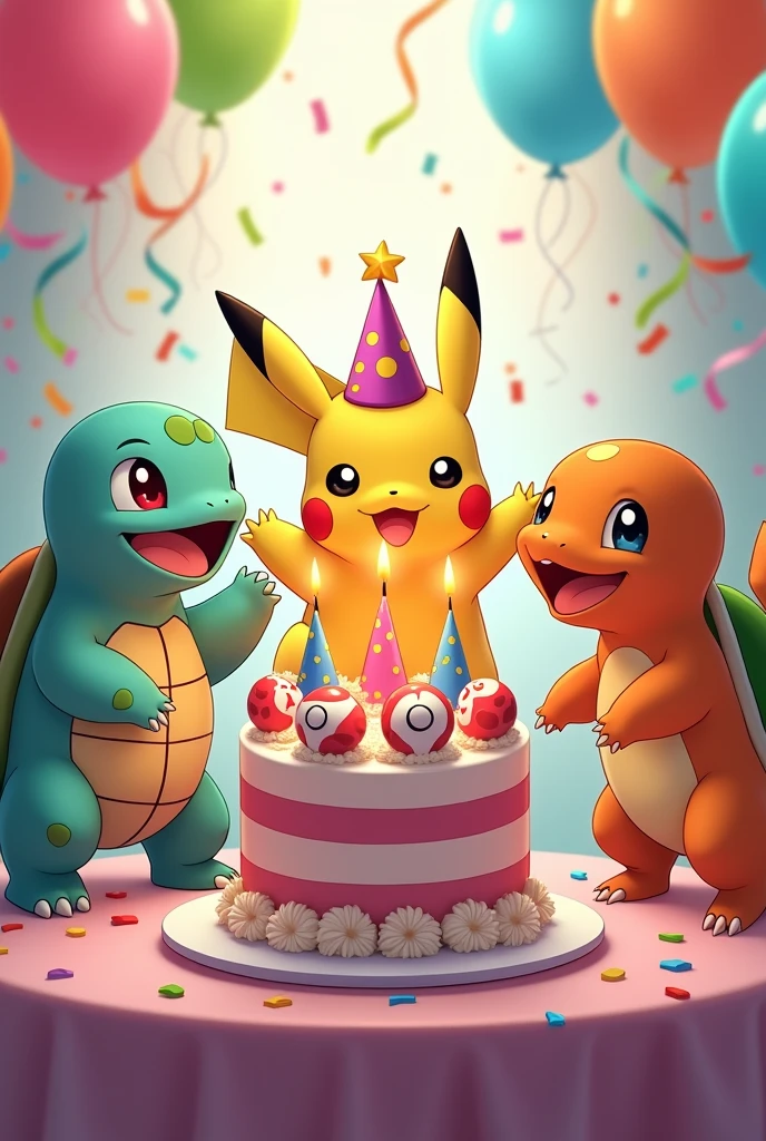 *"A festive Pokémon birthday celebration scene featuring popular Pokémon characters like Pikachu, Charmander, Bulbasaur, and Squirtle gathered around a birthday cake with candles. The background is decorated with colorful balloons, streamers, and confetti, creating a joyful and vibrant atmosphere. The cake is adorned with Poké Ball decorations and the Pokémon are smiling and enjoying the celebration."*