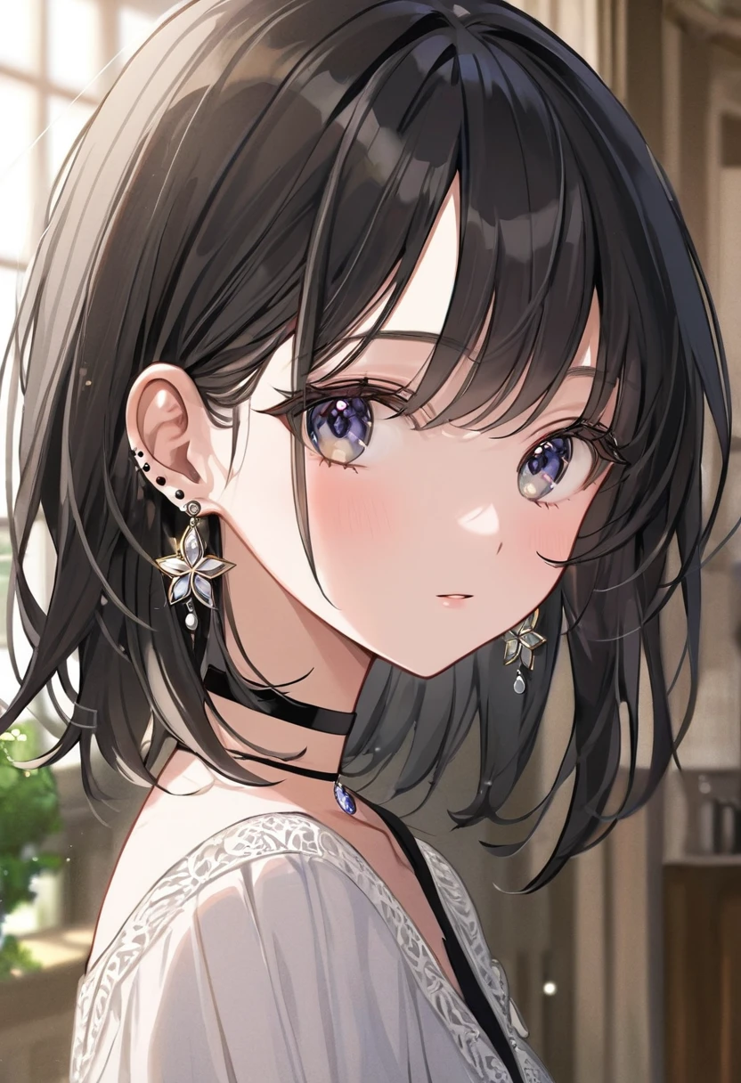 best quality, super_delicate, ultra detailed, beautiful, 8k , 1girl, slender, black hair, earrings, choker, indoor, bright, close up