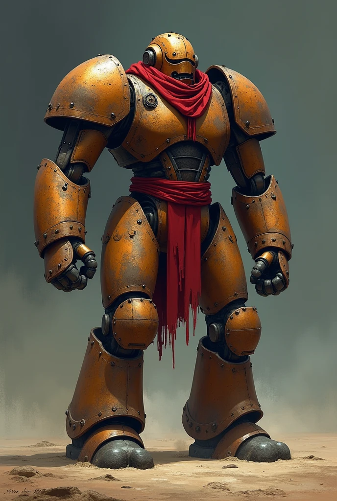 An old rusty robot Golem fighter made of copper and with long limbs, an electrical core and a helmet, in a fighting pose about to fight with a clenched fist, on a flat place, dark and gloomy with a red scarf, 2d concept art