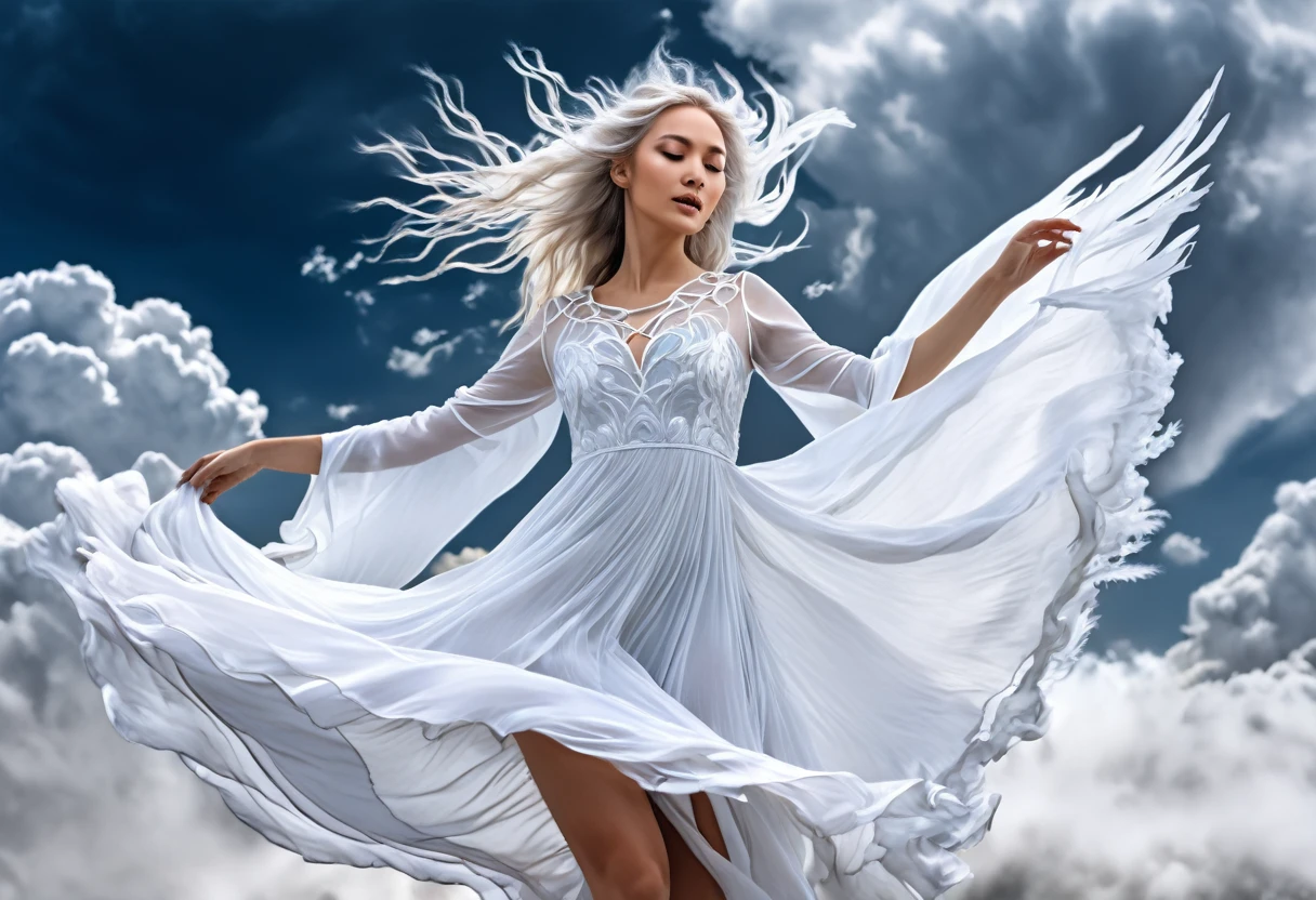 photografic 16k, portrait cadrage integral,create an exquisite ink painting of a beautiful wind sourceror and dancer with long white hair turning into clouds that dissipate into the background, long eyelashes, with feathered wings dissipating into the clouds and mid-spin in a flowing dress made of clouds dissipating into the background, hands blocked by soft clouds, splashes of silver watercolors for highlights, cinematic, painting, 3d render, photo, poster, evoking a surreal etheric beautiful angel, a feeling of protection and exquisite peace, cinematic, photo with canon eos 5d mark iv, cinematic, realistic, black background, photo fusion, sfx photo, animé, cinematique, walking bottom view