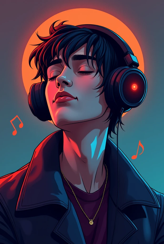 Create an icon for TikTok with a jazz music theme. The image should depict a stylish, modern male character. He should have short hair, wear large headphones, and have a relaxed, cool vibe, with his eyes closed as if he's deeply immersed in the music. Include floating musical notes or jazz elements. The overall style should be sleek, contemporary, and focused on a moody jazz ambiance, making it suitable for a social media icon."  