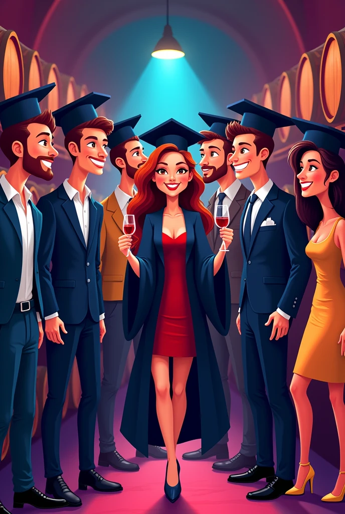 Make a poster of a wine cellar inside a nightclub for an engineering graduation party, that the poster does not have letters, just the image, that the characters are abstract caricatures celebrating and that everyone wears a graduation cap, formal casual dresses, In addition, there is a woman in the middle dressed in a cap and gown.