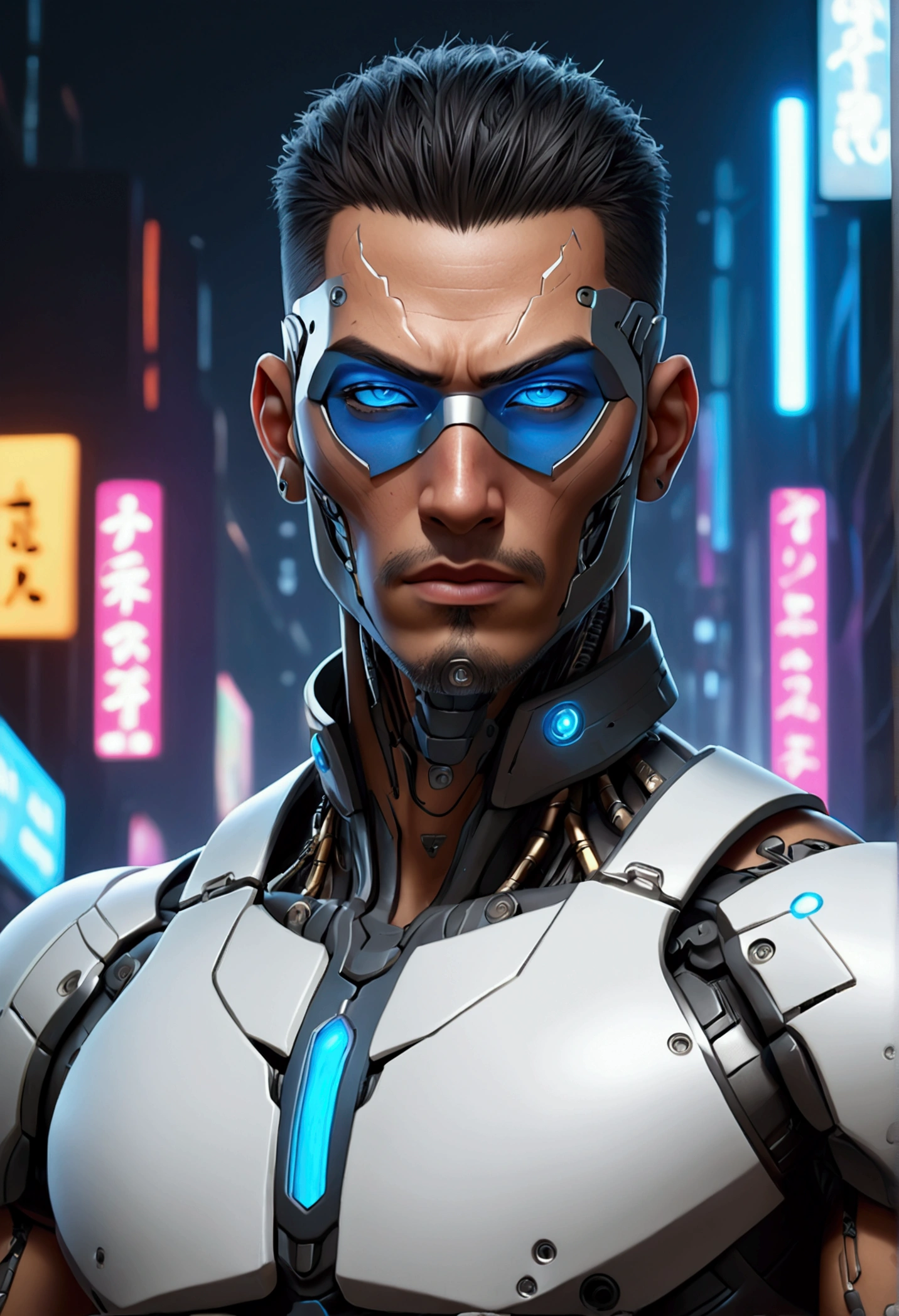 (best quality, Art, animation styling, Full of details), Upper body cut of a man with an Indian warrior feel, A man with a thick facial bone structure, A man with a thick neck and developed trapezius muscles, official anime art illustration, White person with blue eyes, Cartoon of a man wearing a mask on his face, protruding eyes, semi-realistic cyberpunk style, Portrait of a cyberpunk man, cyberpunk art ultrarealistic 8k, cyberpunk style , hyper realist, cyberpunk character, Trends in ArtStation, Complete movie character, Trends in ArtStation 4k, Cyberpunk Cyborg Upper Body, Realistic upper body like a movie, A perfectly realistic cyberpunk hero., inc썩음ibly detailed, 8k, Ultra HD, Art, best quality, very detailed, convoluted, Expressing the upper body, Show me your waist, Cyborg, a machine-to-human ratio, Chest area full of visible machine parts, Machine parts for abs too, All below the neck is mechanical, Attaching machine parts to the face, Strong light emission on waist belt, A brightly lit city background, dark colored machine, full body pose, whole body