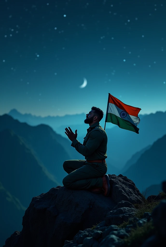A Muslim is praying dua on a mountain in the dark night with an Indian flag also attached to him. The Muslim is a bodybuilder and is wearing the uniform of the Indian Army.