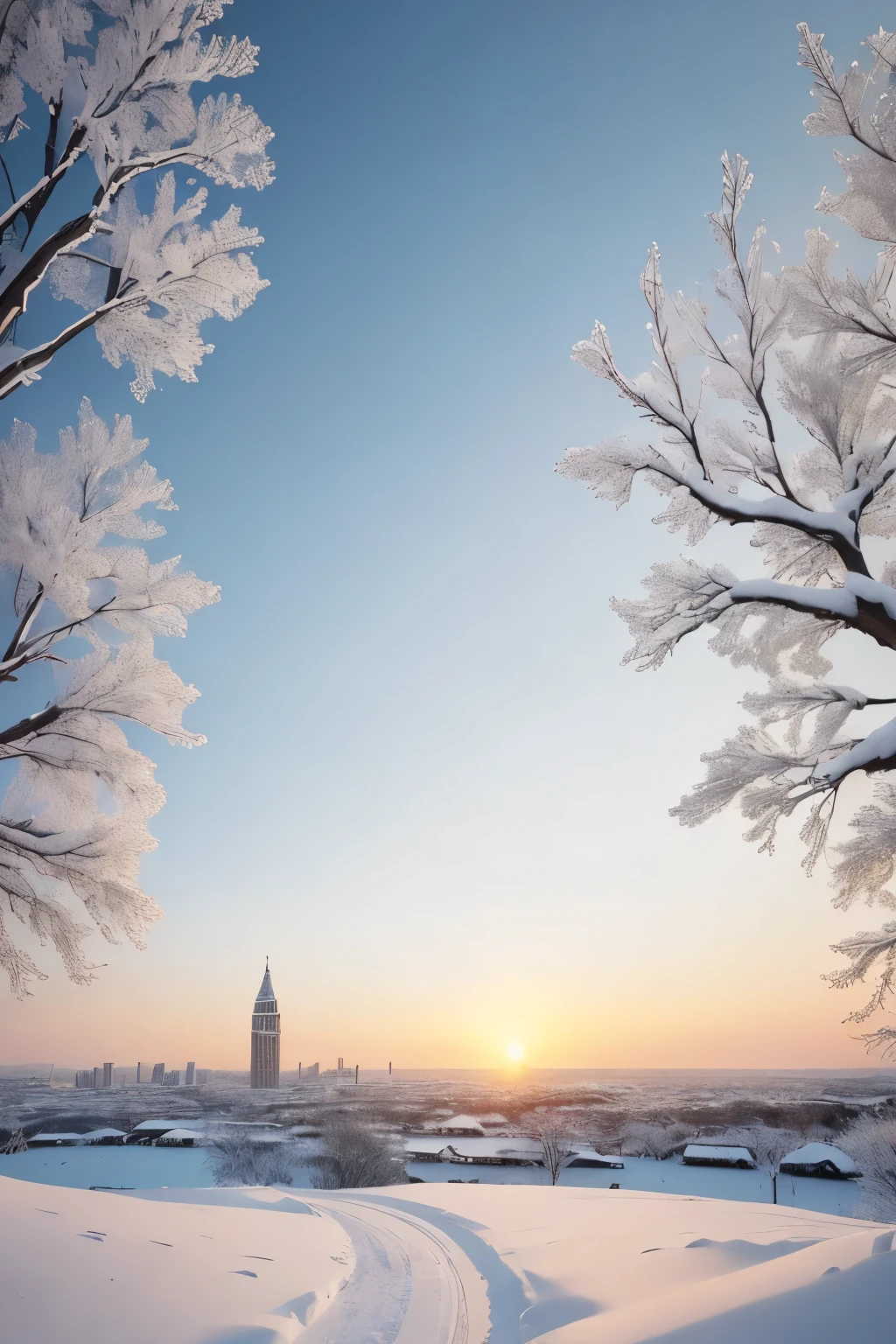 (best quality,4k,8k,highres,masterpiece:1.2),ultra-detailed,(realistic,photorealistic,photo-realistic:1.37),the last sunset before leaving,winter sky at sunset,soft colors,pink orange,blue,mist,rows of trees and buildings,peaceful atmosphere,serene winter landscape,subtle hues,receding sunlight,golden hour,quiet streets,gentle breeze,kiss of warmth,city silhouette,icy branches,elegant architecture,wistful mood,majestic skyline,little snowflakes dancing,final goodbye.