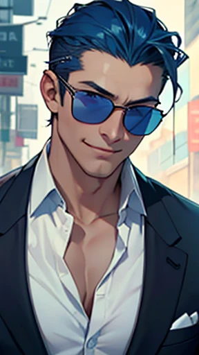 Black suit with an open shirt、Slicked back blue hair、Intelligent sunglasses、A handsome man holding a Chupa Chups and looking at the camera with a grin、