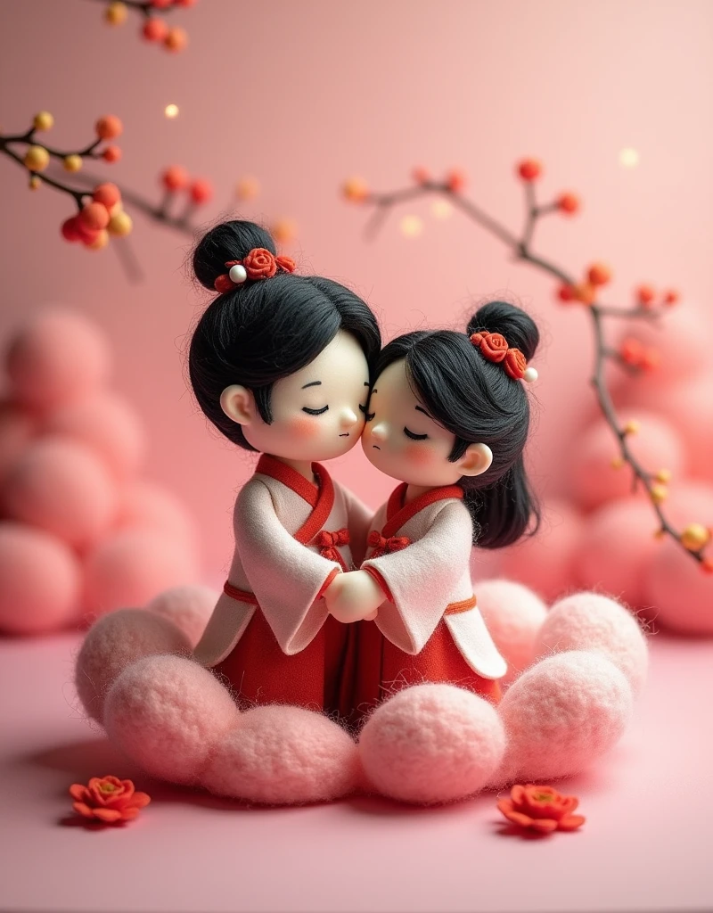 Wool felt style，Surreal space，abstract，Qixi Festival，Ancient Chinese Mythology，by Amigurumi，New three-dimensional ancient style，Young men and young women wearing Hanfu，Snuggle together，Soft love between the two of us，Fluffy clouds，Flowers，Love，Aesthetic filters，Pink picture，Girl&#39;s Heart，Beautiful pictures，Sense of atmosphere，Warmth，Pink background