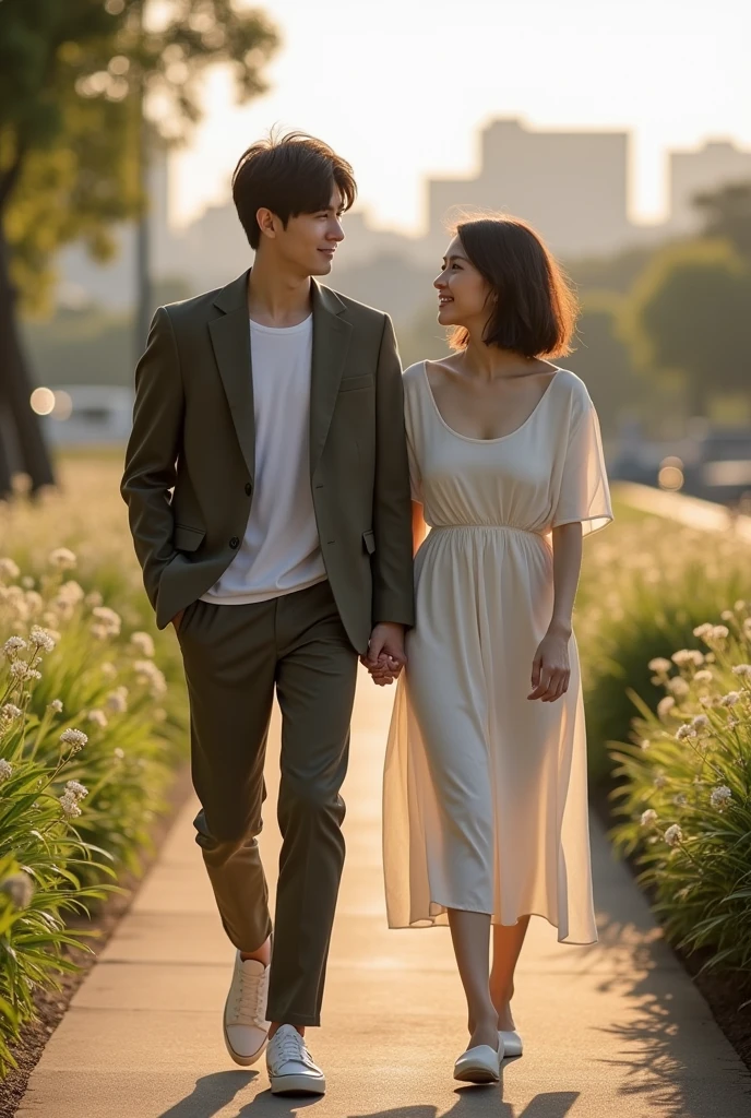 Natural and Intimate Poses: The couple is close, with a similar gentle connection and warm expressions, as they have a quiet, intimate moment while walking hand in hand together, enjoying the nature. Full body Casual yet Elegant Fashion: The couple will wear stylish, modern attire with a relaxed feel—perhaps the woman in a light, flowy dress and the man in a casual jacket and trousers, reflecting both comfort and sophistication. Soft, Golden Lighting: The scene will feature warm, golden hour lighting, soft sunlight, casting a romantic glow over the couple and the surroundings. Yamashita Park Setting: The background will include iconic features of Yamashita Park, such as the waterfront with views of Yokohama Bay, lush greenery, blooming flower beds, and perhaps a glimpse of the Marine Tower. The park’s natural beauty will enhance the peaceful and romantic atmosphere. The first person in the photo, a woman, has: 158cm high, 47kg. skinny fat. Hair: Short, dark hair that is straight and neatly styled just above the shoulders. Face Shape: A smooth, slightly rounded face with soft features. Eyes: Medium-sized eyes with a calm, neutral expression. Complexion: A fair complexion with a natural, slightly rosy tone. Lips: Full lips with a natural color, set in a relaxed, closed-mouth expression. The second person, a man, has: 178cm high, 73kg.Hair: Short, dark hair that is slightly tousled. Face Shape: A slightly angular face with a defined jawline. Eyes: Focused, giving a profile view, with an intent and concentrated expression. Complexion: A similar fair complexion, with a subtle natural tone. Lips: Lips that are relaxed, slightly curved upwards in a mild expression.