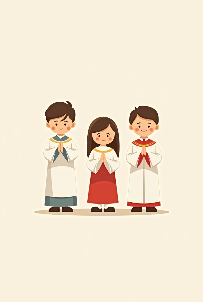 children boys and girls altar boys of the catholic church, with white dress on top and red dress on the bottom, simple icon drawing style image, no back ground