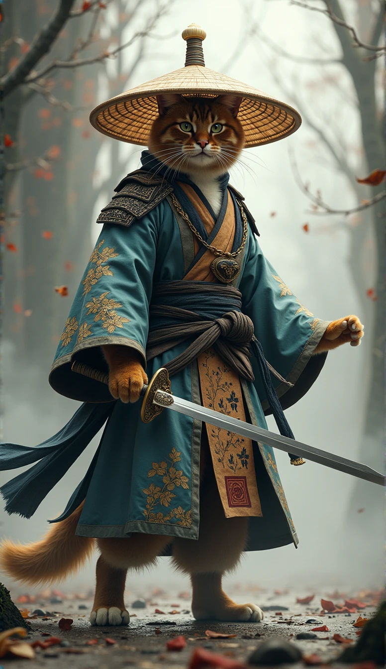 Create an image of a cat standing upright in traditional East Asian attire, wearing a wide bamboo hat on the head, wielding a sword with its right paw extended forward in an assertive stance ( walking posture ), set against a misty backdrop to convey an atmosphere of ancient martial arts mastery.