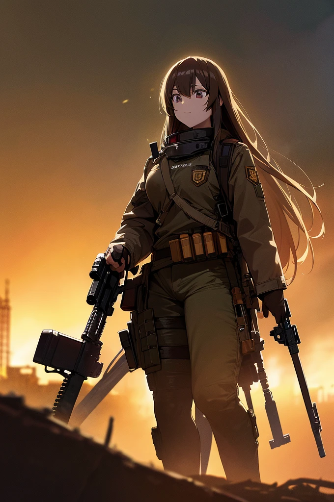 In the spotlight, holding_gun, assault_rifle, Very detailed, Brown Hair, Long Hair, Anime Style, whole body, alone, Stylish Gunfighter Girl, Holding a steampunk long barrel pistol,Standing in the wasteland, 8K high resolution, White Background, The background is a dark and desolate landscape, Horror movie atmosphere. Her figure is very beautiful, Emphasizing the dark and crazy elements. Skillfully expressing the effects of light and shadow, Anime girls with guns and rifles, from Girls' Frontline, mechanized soldier girl, Girls' Frontline style
