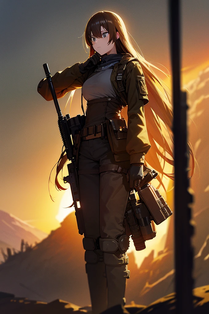 In the spotlight, holding_gun, assault_rifle, Very detailed, Brown Hair, Long Hair, Anime Style, whole body, alone, Stylish Gunfighter Girl, Holding a steampunk long barrel pistol,Standing in the wasteland, 8K high resolution, White Background, The background is a dark and desolate landscape, Horror movie atmosphere. Her figure is very beautiful, Emphasizing the dark and crazy elements. Skillfully expressing the effects of light and shadow, Anime girls with guns and rifles, from Girls' Frontline, mechanized soldier girl, Girls' Frontline style