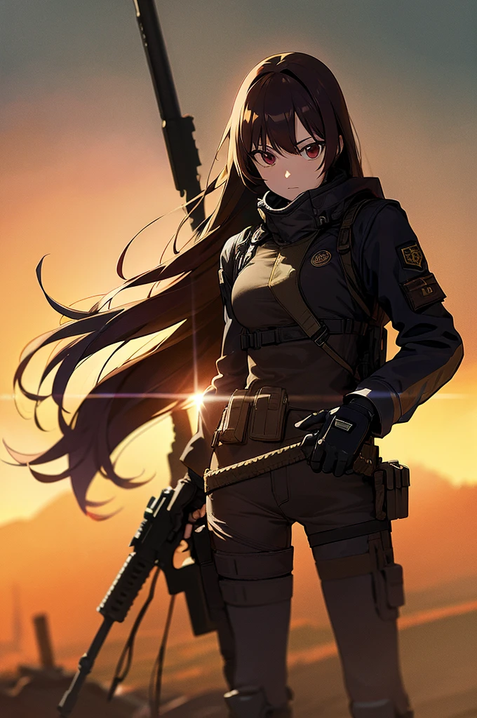 In the spotlight, holding_gun, assault_rifle, Very detailed, Brown Hair, Long Hair, Anime Style, whole body, alone, Stylish Gunfighter Girl, Holding a steampunk long barrel pistol,Standing in the wasteland, 8K high resolution, White Background, The background is a dark and desolate landscape, Horror movie atmosphere. Her figure is very beautiful, Emphasizing the dark and crazy elements. Skillfully expressing the effects of light and shadow, Anime girls with guns and rifles, from Girls&#39; Frontline, mechanized soldier girl, Girls&#39; Frontline style