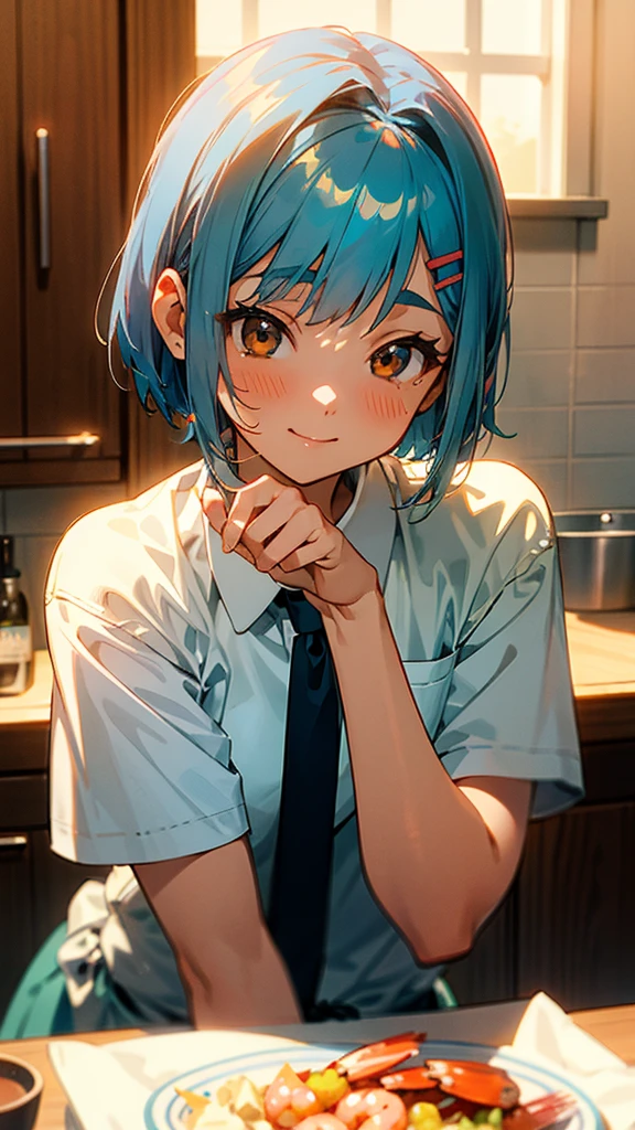 1 girl、Anime Images、kitchen、Delicious food、shrimp、Shiny light blue hair、Short Bob Hairstyles、Tie your hair with an orange hair clip、Beautiful brown eyes、smile、Upper body close-up、Sharp contours、Background Blur、Written boundary depth