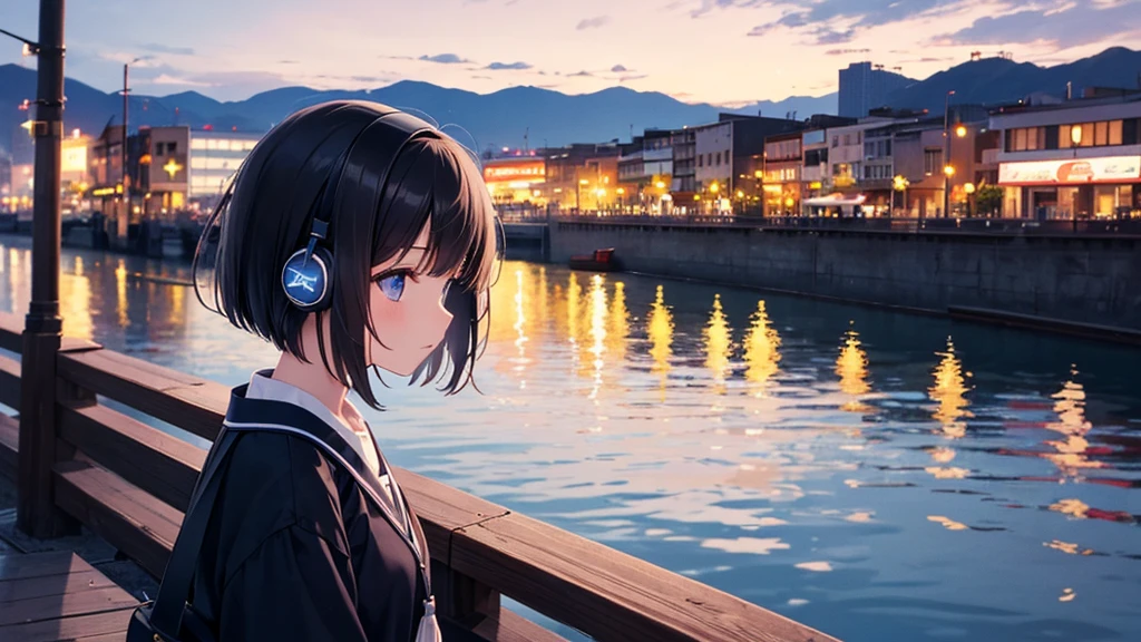 Enjoy boat racing at Suminoe Boat Races。A young girl with black hair wearing stylish clothes and headphones labeled "lo-fi" The girl is shown in profile, gazing into the distance with a calm, relaxed expression Background depicts the iconic scenery of Namba, Osaka at night, without any text on signs A starry night sky adding to the peaceful atmosphere Overall mood is quiet and serene, perfect for lo-fi music Detailed hair rendering and careful attention to the girl's fashionable outfit The entire scene should evoke a relaxing, introspective feeling associated with lo-fi music