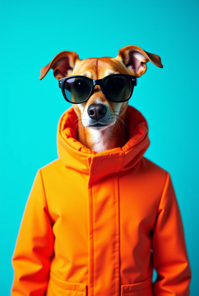 The best cell phone wallpaper, Award-Winning Wallpaper, portrait photography, In the front view is a portrait of a cute dog wearing mid-1960s space age fashion, Side view photo, Shot with Canon EOS R5, Set a strong contrast that accentuates the subject, Fluorescent blue tone, Wearing a very modern coat and sunglasses is a modern 1960s style, Clothes all in one color, beautiful background