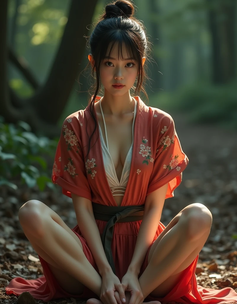 Highest quality、masterpiece、 (Original photo、Professional photography、photoRealistic、Realistic:1.3)、, High-definition CG、16K unified wallpaper、(Best aesthetics、Natural light:1.1)、Ultra-high resolution、(Correct Anatomy)、Cowboy Shot、A young and beautiful Japanese woman、seiza、Put your arms behind your back、Full body rope bondage、Single bun hairstyle、Ideal body type、Big Breasts、Tight waist、Detailed thighs、Elaborate and detailed faces、Detailed eyes、Detailed nose、Beautiful Lips、Big Breasts、Sit on the ground、shabby_Short sleeve kimono、Deep in the forest、In front of the company、The background is a dark red worm dripping with mucus.
