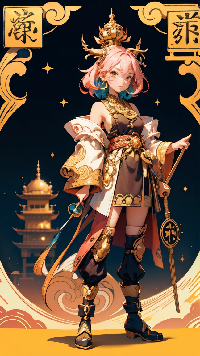 Create a playful scene featuring a cute, cartoon-like character standing in front of a grand, golden temple backdrop. Replace the original iron-shaped character holding an iron and a sign with a beautiful, cute girl who fits the same playful and vibrant theme. The girl should be holding the same sign with the text 'IRON MONSTER' and 'SHILL SHAMAN.' Ensure that her outfit and accessories match the whimsical and colorful style of the original character. The background, including the bokeh effects and golden temple, should remain exactly the same to preserve the image's overall feel