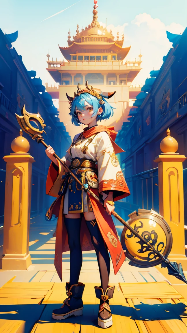 Create a playful scene featuring a cute, cartoon-like character standing in front of a grand, golden temple backdrop. Replace the original iron-shaped character holding an iron and a sign with a beautiful, cute girl who fits the same playful and vibrant theme. The girl should be holding the same sign with the text 'IRON MONSTER' and 'SHILL SHAMAN.' Ensure that her outfit and accessories match the whimsical and colorful style of the original character. The background, including the bokeh effects and golden temple, should remain exactly the same to preserve the image's overall feel