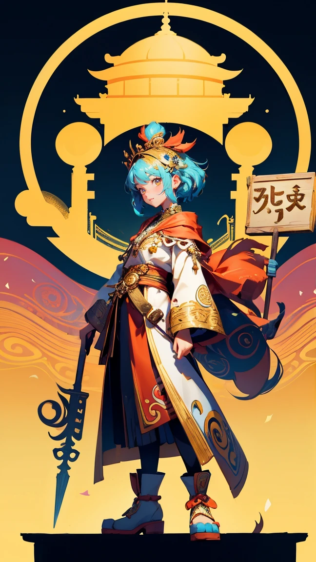 Create a playful scene featuring a cute, cartoon-like character standing in front of a grand, golden temple backdrop. Replace the original iron-shaped character holding an iron and a sign with a beautiful, cute girl who fits the same playful and vibrant theme. The girl should be holding the same sign with the text 'IRON MONSTER' and 'SHILL SHAMAN.' Ensure that her outfit and accessories match the whimsical and colorful style of the original character. The background, including the bokeh effects and golden temple, should remain exactly the same to preserve the image's overall feel