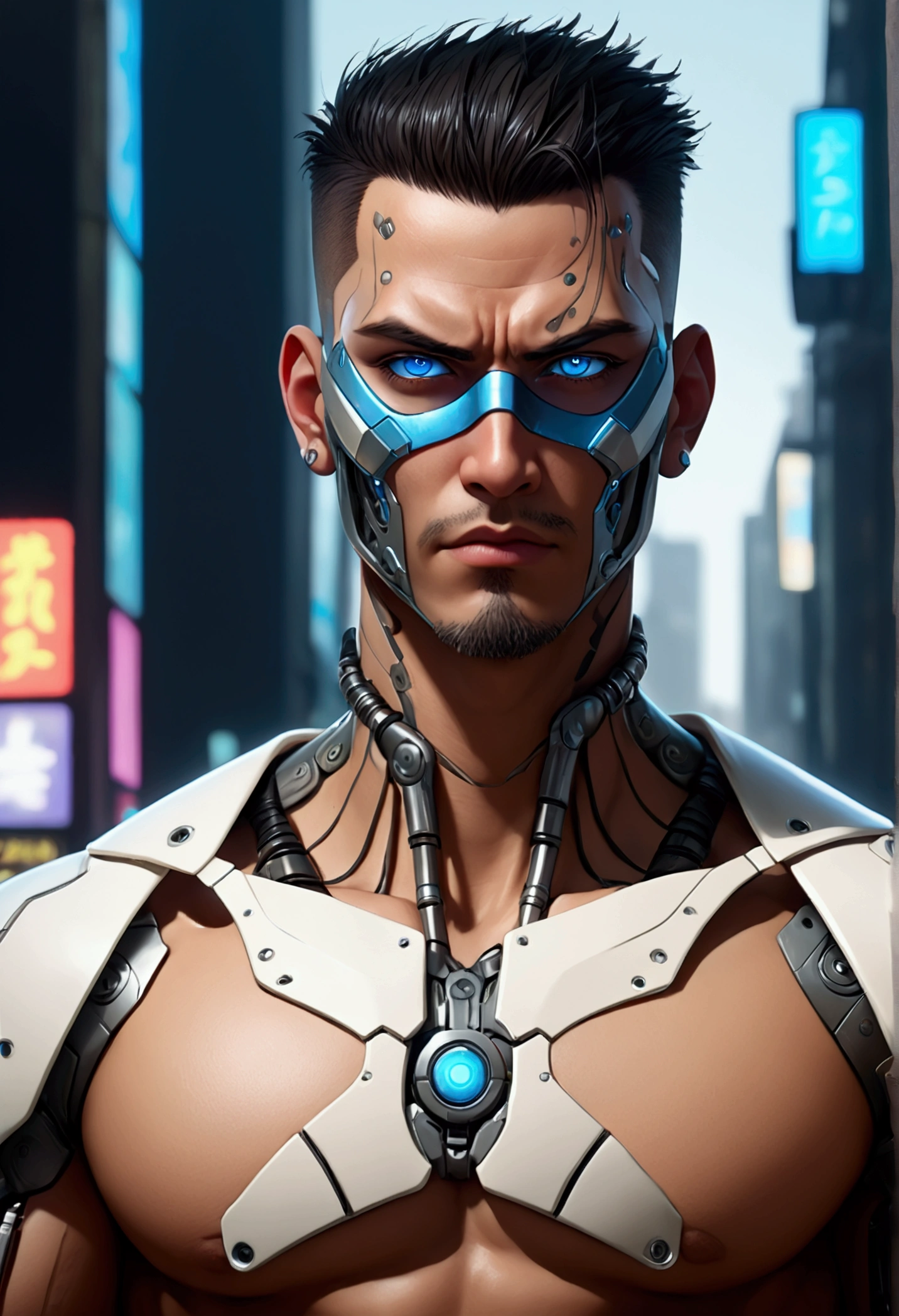 (best quality, Art, animation styling, Full of details), Upper body cut of a man with an Indian warrior feel, A man with a thick facial bone structure, A man with a thick neck and developed trapezius muscles, official anime art illustration, White person with blue eyes, Cartoon of a man wearing a mask on his face, protruding eyes, semi-realistic cyberpunk style, Portrait of a cyberpunk man, cyberpunk art ultrarealistic 8k, cyberpunk style , hyper realist, cyberpunk character, Trends in ArtStation, Complete movie character, Trends in ArtStation 4k, Cyberpunk Cyborg Upper Body, Realistic upper body like a movie, A perfectly realistic cyberpunk hero., inc썩음ibly detailed, 8k, Ultra HD, Art, best quality, very detailed, convoluted, Expressing the upper body, Show me your waist, Cyborg, a machine-to-human ratio, Chest area full of visible machine parts, Machine parts for abs too, All below the neck is mechanical, Attaching machine parts to the face, Strong light emission on waist belt, A brightly lit city background, dark colored machine, full body pose, whole body