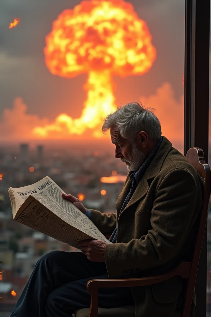 an old man reading a newspaper while a nuclear explosion is erupting in the background, small fires and smoke billowing