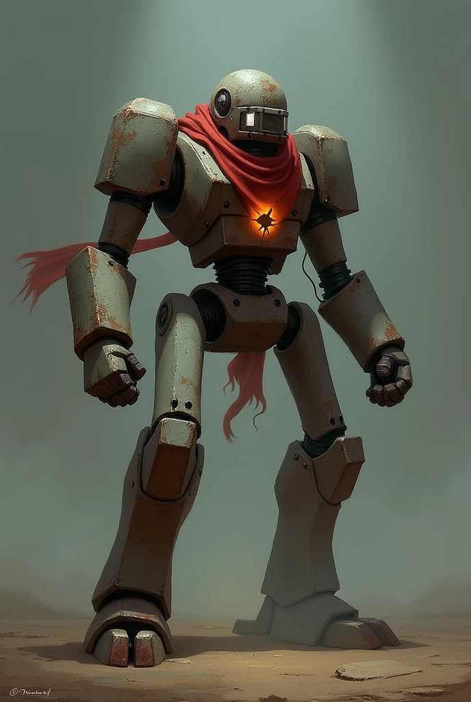 An old rusty robot Golem fighter made of metal and with long limbs, an electrical core and a helmet, in a fighting pose about to fight with a clenched fist, on a flat place, dark and gloomy with a red scarf, 2d concept art