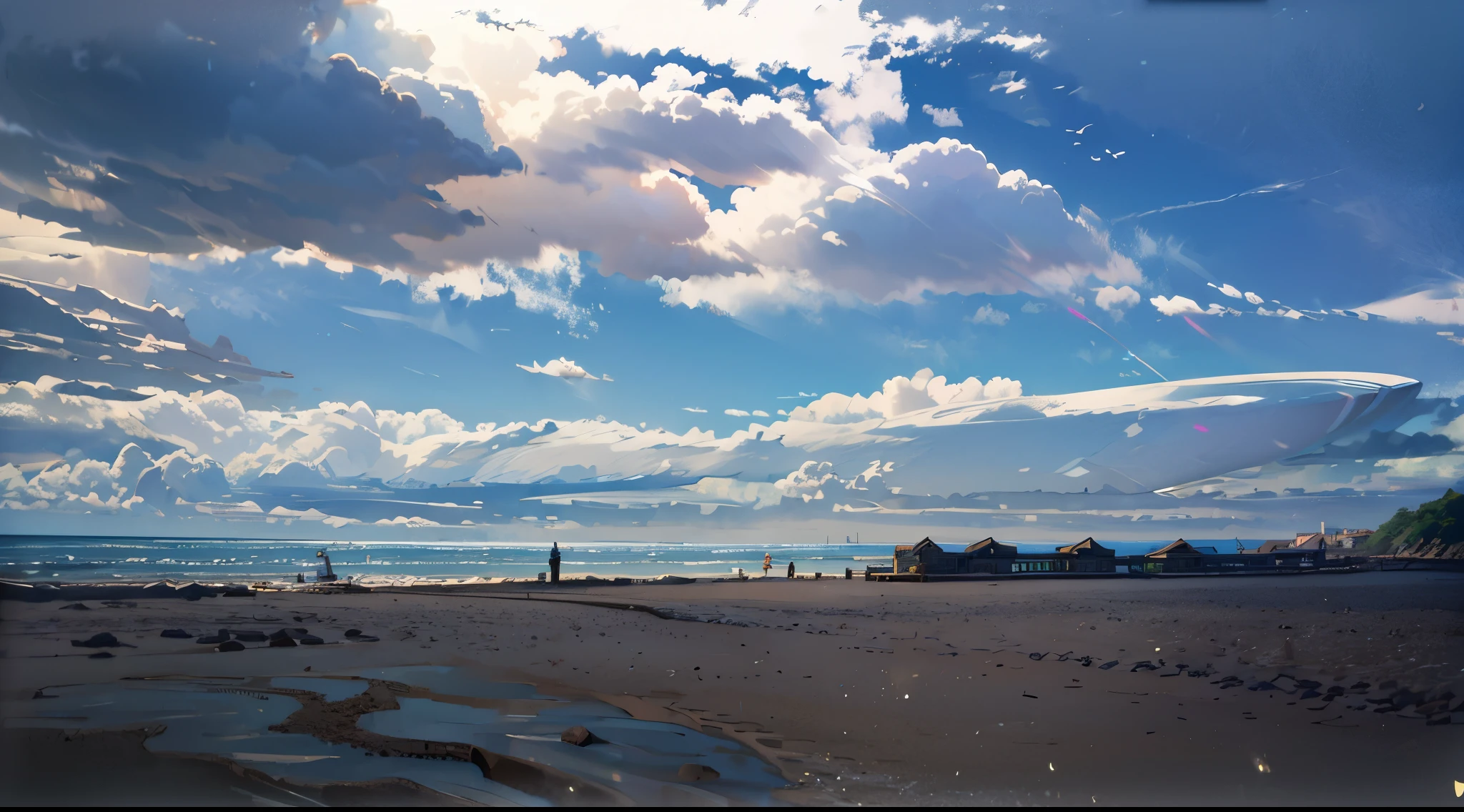 Ghibli style、beach、nature、landscape、sunny、Clear skies、Antique Building