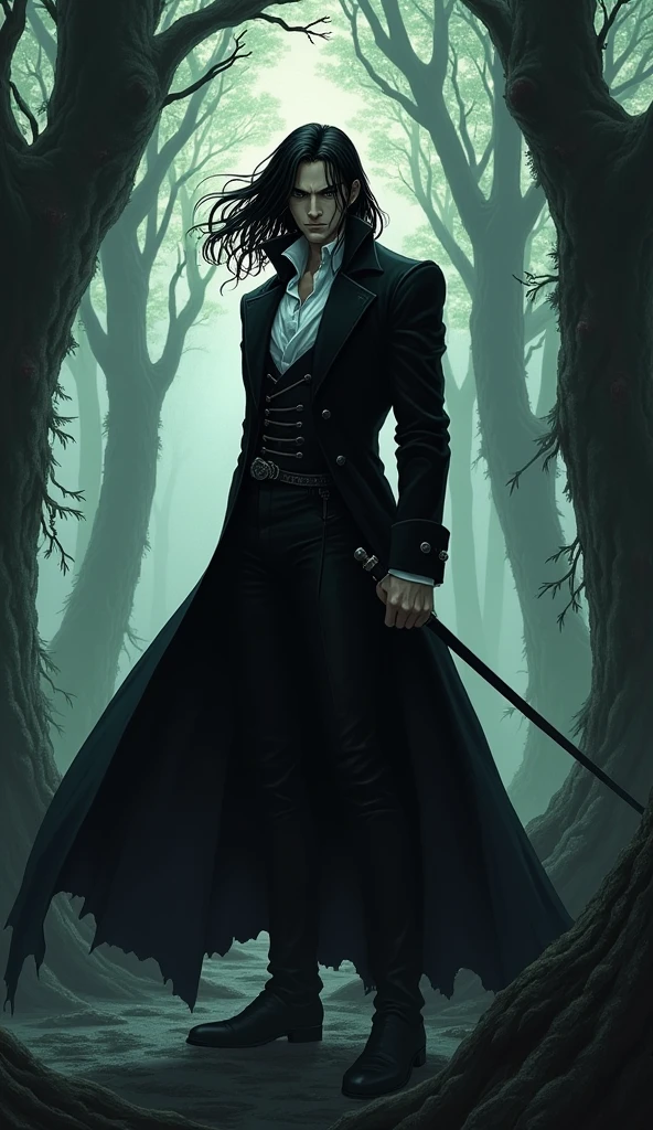 Full-body illustration of "Vampire Hunter D" by Yoshitaka Amano. The male character D, in all black with a European aristocratic-style white shirt under a long black coat, stands alert. His handsome face, framed by flowing black hair, is filled with intense focus as he holds his thin long sword at the ready. He is positioned in a defensive stance, turning slightly to watch his back. The setting is a mysterious forest, with ancient trees casting deep shadows and soft beams of light filtering through the leaves. The tension and readiness of D's stance are beautifully captured with an EOS 5D digital SLR camera.