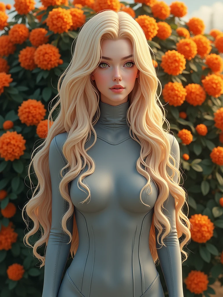 a woman standing in front of a bush of orange flowers, beautiful futuristic hair style, skintight, anime girl cosplay, very very long blond curly hair, grey turtleneck coat, hyperrealistic aesthetic, honeysuckle, anime character; full body art, very vascular, norwegian, conservative, jumpsuit, moon goddess, tatsumaki, covid-19 as a human
