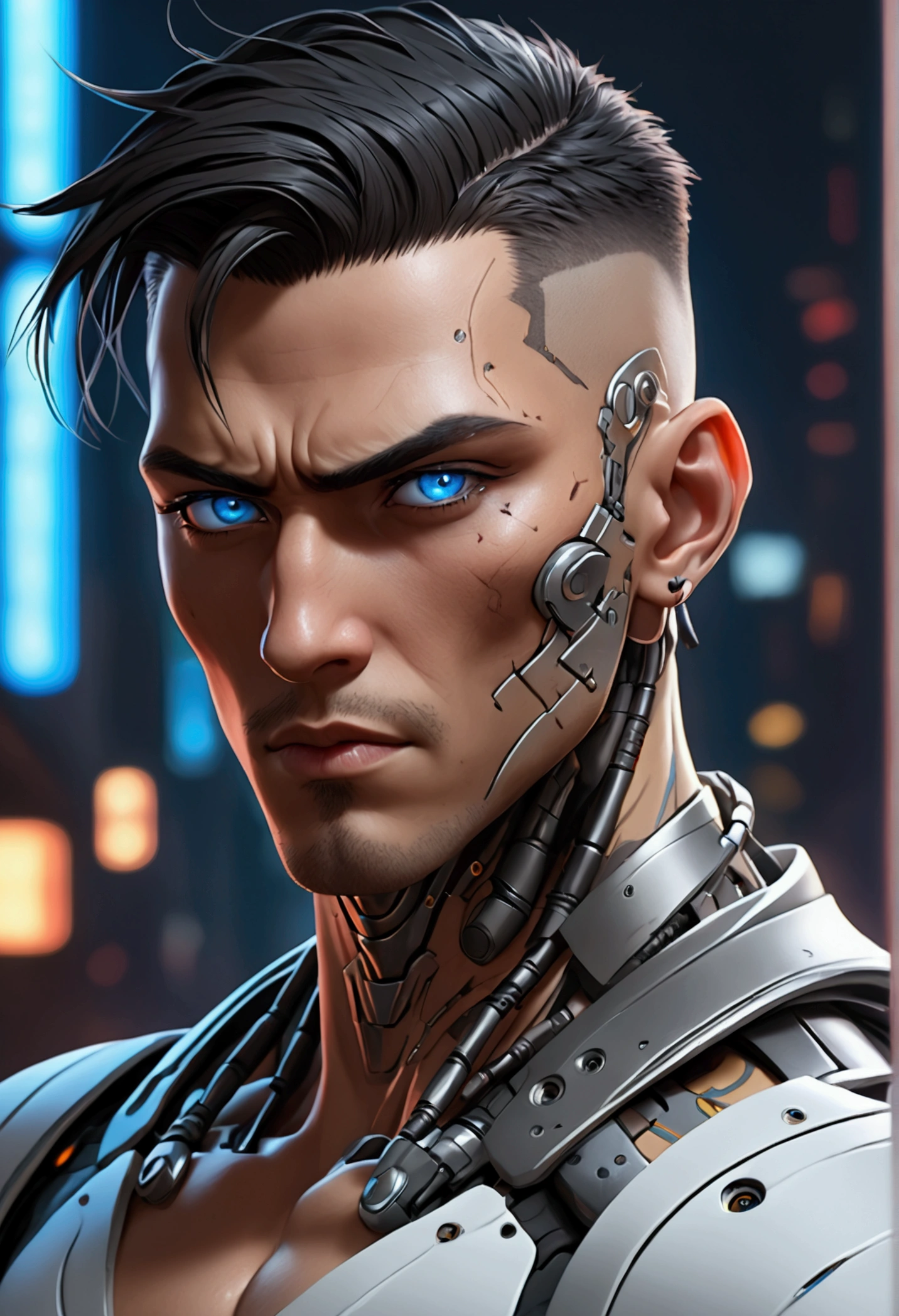(best quality, Art, animation styling, Full of details), Upper body cut of a man with an Indian warrior feel, A man with a thick facial bone structure, A man with a thick neck and developed trapezius muscles, official anime art illustration, White person with blue eyes, Cartoon of a man wearing a mask on his face, protruding eyes, semi-realistic cyberpunk style, Portrait of a cyberpunk man, cyberpunk art ultrarealistic 8k, cyberpunk style , hyper realist, cyberpunk character, Trends in ArtStation, Complete movie character, Trends in ArtStation 4k, Cyberpunk Cyborg Upper Body, Realistic upper body like a movie, A perfectly realistic cyberpunk hero., inc썩음ibly detailed, 8k, Ultra HD, Art, best quality, very detailed, convoluted, Expressing the upper body, Show me your waist, Cyborg, a machine-to-human ratio, Chest area full of visible machine parts, Machine parts for abs too, All below the neck is mechanical, Attaching machine parts to the face, Strong light emission on waist belt, A brightly lit city background, dark colored machine, full body pose, whole body