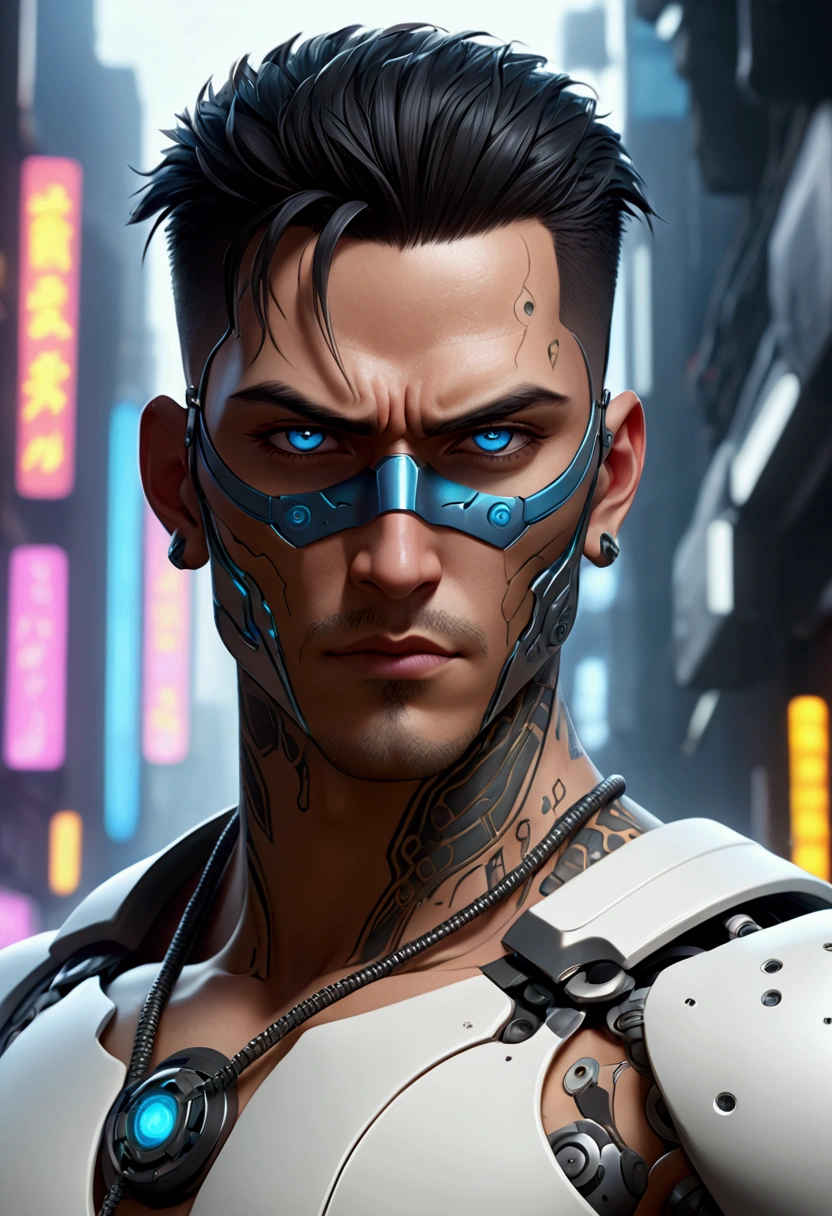 (best quality, Art, animation styling, Full of details), Upper body cut of a man with an Indian warrior feel, A man with a thick facial bone structure, A man with a thick neck and developed trapezius muscles, official anime art illustration, White person with blue eyes, Cartoon of a man wearing a mask on his face, protruding eyes, semi-realistic cyberpunk style, Portrait of a cyberpunk man, cyberpunk art ultrarealistic 8k, cyberpunk style ， hyper realist, cyberpunk character, Trends in ArtStation, Complete movie character, Trends in ArtStation 4k, Cyberpunk Cyborg Upper Body, Realistic upper body like a movie, A perfectly realistic cyberpunk hero., inc썩음ibly detailed, 8k, Ultra HD, Art, best quality, very detailed, convoluted, Expressing the upper body, Show me your waist, Cyborg, a machine-to-human ratio, Chest area full of visible machine parts, Machine parts for abs too, All below the neck is mechanical, Attaching machine parts to the face, Strong light emission on waist belt, A brightly lit city background, dark colored machine, full body pose, whole body