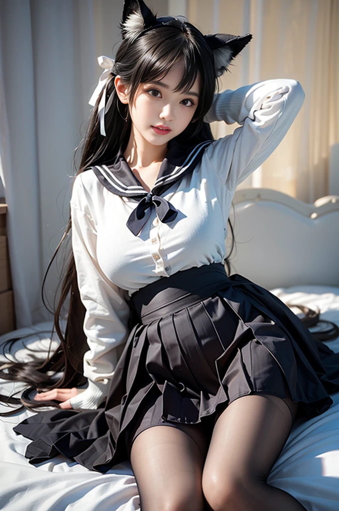 atago, 1girl, 独奏, atago \(azur lane\), cosplay, mole under eye,
animal ears, very long hair,bangs, sidelocks, hair ribbon,
school uniform,cardigan, sailor collar, serafuku, long sleeves, pleated skirt, pantyhose, (best quality, masterpiece:1.2), tianfeng1, Extremely detailed, (Practical:1.37), beautiful, youth, Glamorous model, Warm colors, ((A full body perspective,Naturally bent knees,Skin is firm and smooth)), ((In the old-fashioned room,Sit on the edge of the bed,Lean back,Support your body with your elbows)), ((Elegant and natural posture)), (big eyes, Delicate eyes, Delicate lips, Delicate eyes), Available in white with floral pattern, Show a bright smile, fit, Full breasts, ((Big breasts)), Long legs, Create a stunning picture of a girl enjoying her sleep