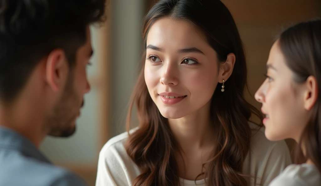 Photo of a 20 year old brunette woman, that has a very natural face, thin lips, Thin eyes, thin eyebrows, thin nose, ohrringe, lange Wimpern. She taking to his family