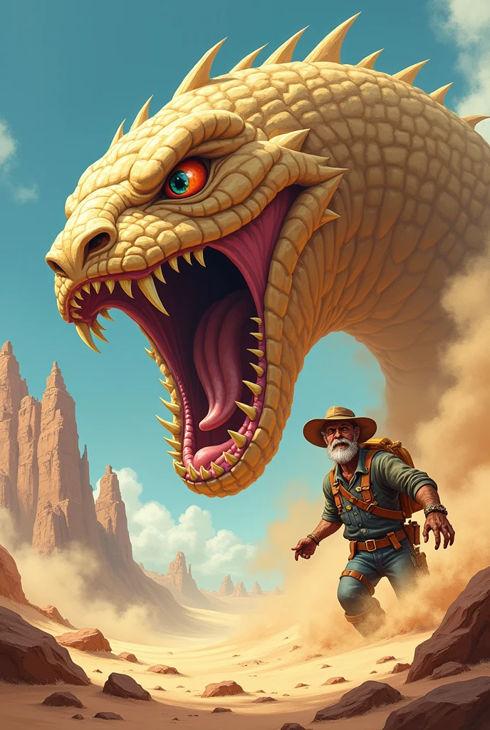 Sandworm style dune king fighting old man miner (Cartoon style)