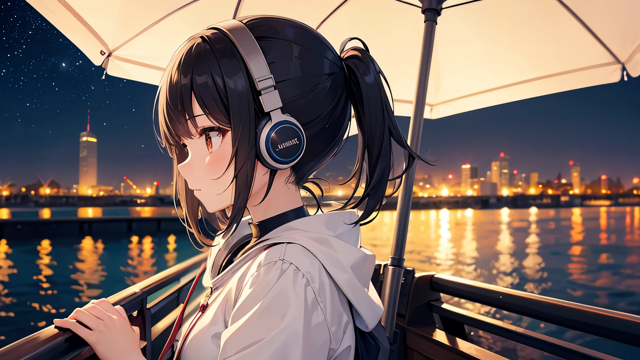 Enjoy boat racing at Suminoe Boat Races。A young girl with black hair wearing stylish clothes and headphones labeled "lo-fi" The girl is shown in profile, gazing into the distance with a calm, relaxed expression Background depicts the iconic scenery of Namba, Osaka at night, without any text on signs A starry night sky adding to the peaceful atmosphere Overall mood is quiet and serene, perfect for lo-fi music Detailed hair rendering and careful attention to the girl's fashionable outfit The entire scene should evoke a relaxing, introspective feeling associated with lo-fi music