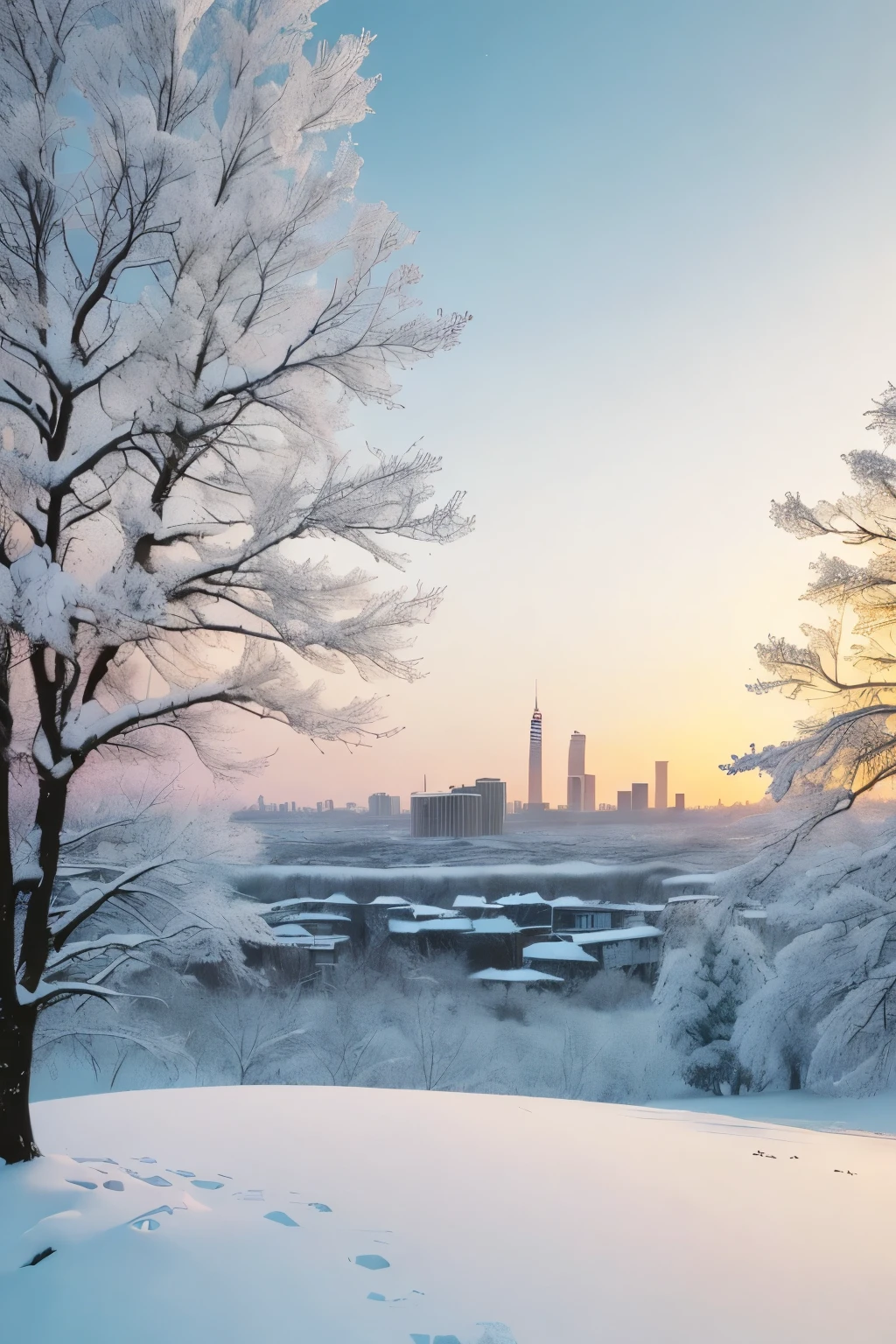 (best quality,4k,8k,highres,masterpiece:1.2),ultra-detailed,(realistic,photorealistic,photo-realistic:1.37),the last sunset before leaving,winter sky at sunset,soft colors,pink orange,blue,mist,rows of trees and buildings,peaceful atmosphere,serene winter landscape,subtle hues,receding sunlight,golden hour,quiet streets,gentle breeze,kiss of warmth,city silhouette,icy branches,elegant architecture,wistful mood,majestic skyline,little snowflakes dancing,final goodbye.