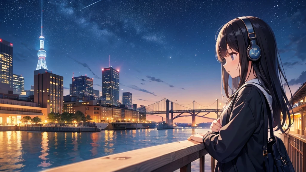 Enjoy boat racing at Suminoe Boat Races。A young girl with black hair wearing stylish clothes and headphones labeled "lo-fi" The girl is shown in profile, gazing into the distance with a calm, relaxed expression Background depicts the iconic scenery of Namba, Osaka at night, without any text on signs A starry night sky adding to the peaceful atmosphere Overall mood is quiet and serene, perfect for lo-fi music Detailed hair rendering and careful attention to the girl's fashionable outfit The entire scene should evoke a relaxing, introspective feeling associated with lo-fi music