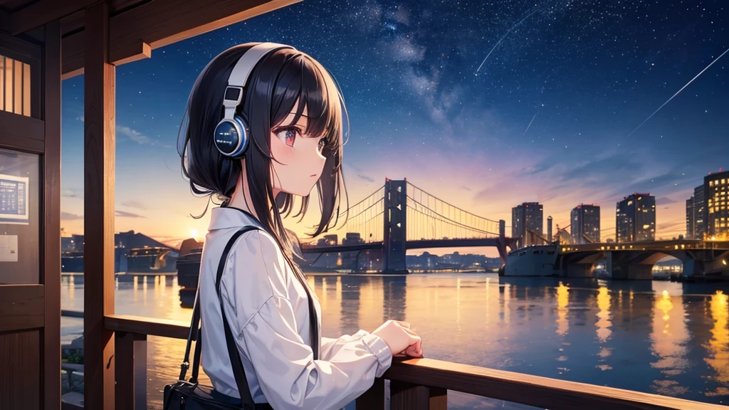 Enjoy boat racing at Suminoe Boat Races。A young girl with black hair wearing stylish clothes and headphones labeled "lo-fi" The girl is shown in profile, gazing into the distance with a calm, relaxed expression Background depicts the iconic scenery of Namba, Osaka at night, without any text on signs A starry night sky adding to the peaceful atmosphere Overall mood is quiet and serene, perfect for lo-fi music Detailed hair rendering and careful attention to the girl's fashionable outfit The entire scene should evoke a relaxing, introspective feeling associated with lo-fi music