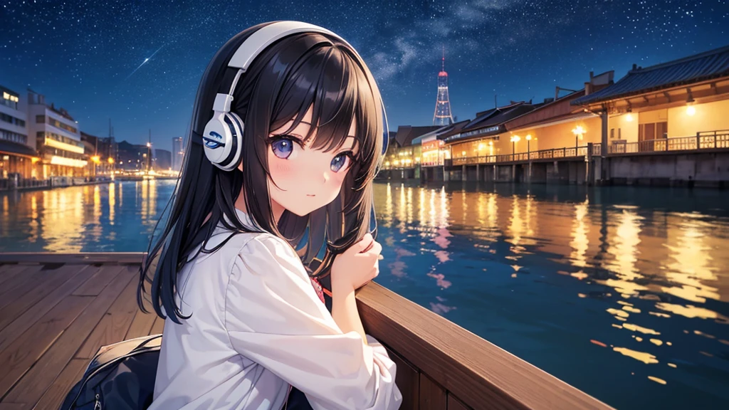 Enjoy boat racing at Suminoe Boat Races。A young girl with black hair wearing stylish clothes and headphones labeled "lo-fi" The girl is shown in profile, gazing into the distance with a calm, relaxed expression Background depicts the iconic scenery of Namba, Osaka at night, without any text on signs A starry night sky adding to the peaceful atmosphere Overall mood is quiet and serene, perfect for lo-fi music Detailed hair rendering and careful attention to the girl's fashionable outfit The entire scene should evoke a relaxing, introspective feeling associated with lo-fi music