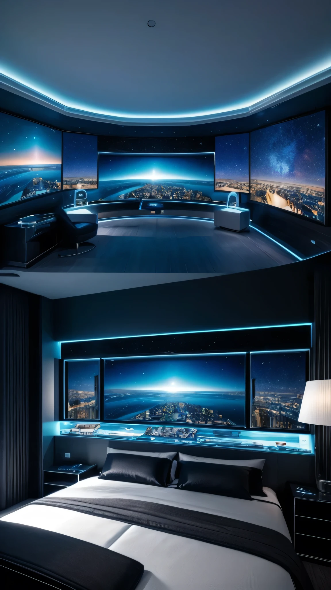 High resolution,Lens reflection, masterpiece, best quality, detailed, futuristic bedroom with monitors, not of this world