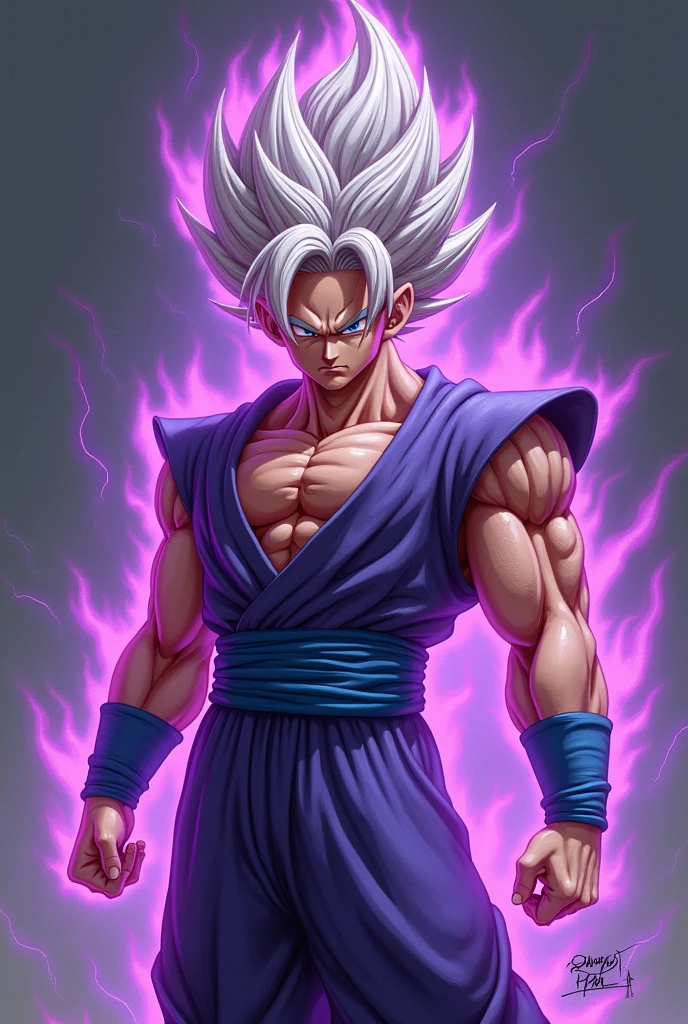 Dragon Ball Super Character Concept, whole body, colors, illustration, soft lighting, smooth details, oil painting on canvas, octane rendering, High definition, trends on ArtStation, purple light hitting your face, super saiyajin 4K, 8k, High definition