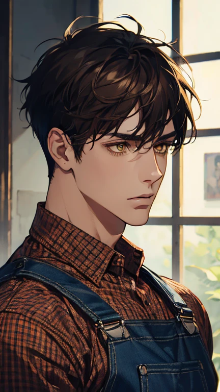 highres, best quality, high quality, high details, super detail, anatomically correct, ccurate, masterpiece, best quailty, ultra-detailed, cinematic lighting, Male focus, mature, 29 years old,dark brown hair, messy cut short hairstyle, pale skin, yellow eyes, BREAK red checked shirt,        BREAK blue overalls, v-taper body, muscular body, rough, portrait , see frontal