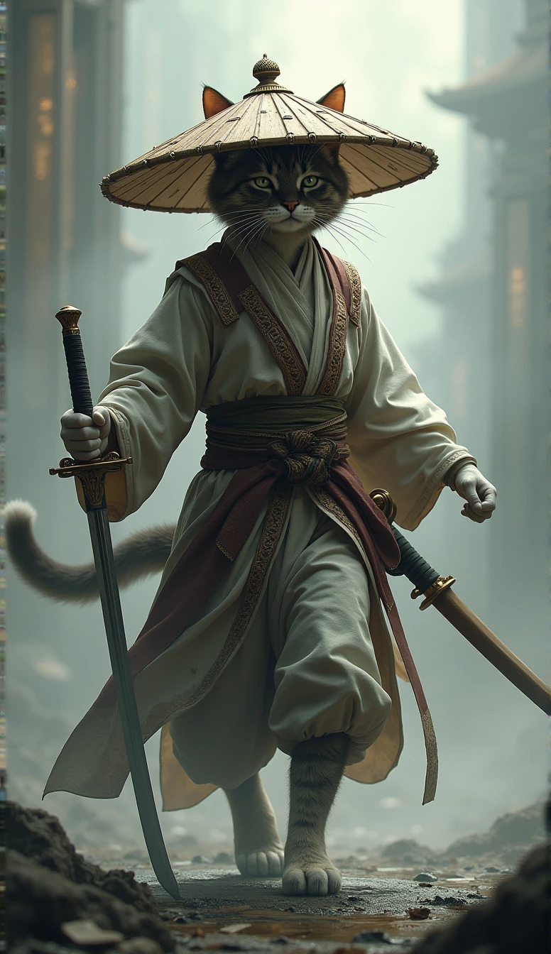 Create an image of a cat standing upright in traditional East Asian attire, wearing a wide bamboo hat on the head, wielding a sword with its right paw extended forward in an assertive stance ( running posture ), set against a misty backdrop to convey an atmosphere of ancient martial arts mastery.