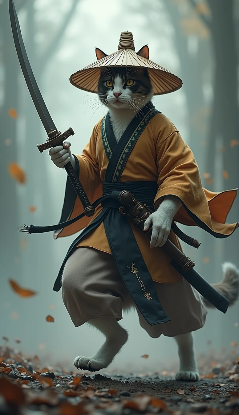 Create an image of a cat standing upright in traditional East Asian attire, wearing a wide bamboo hat on the head, wielding a sword with its right paw extended forward in an assertive stance ( running posture ), set against a misty backdrop to convey an atmosphere of ancient martial arts mastery.