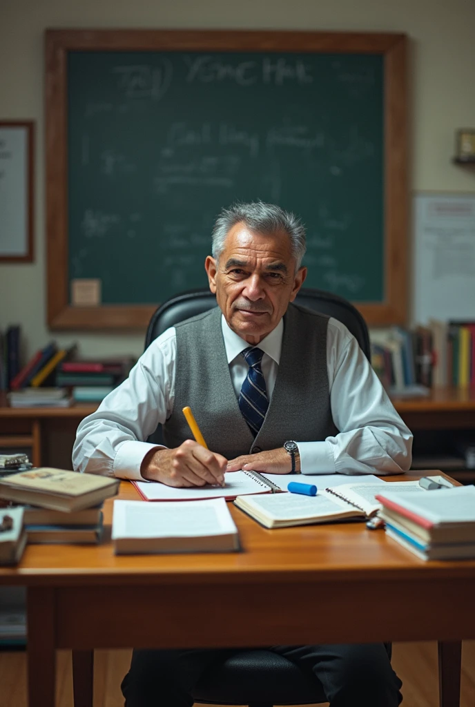 Create an image of a  English teacher named Jose Concepcion sitting at his desk , with some books on the desk , a blue eraser and markers , negro , and gray.

