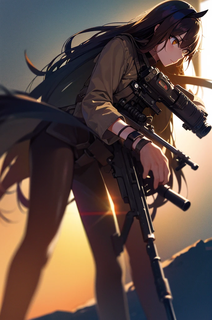 In the spotlight, holding_gun, assault_rifle, Very detailed, Brown Hair, Long Hair, Anime Style, whole body, alone, Stylish Gunfighter Girl, Holding a steampunk long barrel pistol,Standing in the wasteland, 8K high resolution, White Background, The background is a dark and desolate landscape, Horror movie atmosphere. Her figure is very beautiful, Emphasizing the dark and crazy elements. Skillfully expressing the effects of light and shadow, Anime girls with guns and rifles, from Girls&#39; Frontline, mechanized soldier girl, Girls&#39; Frontline style