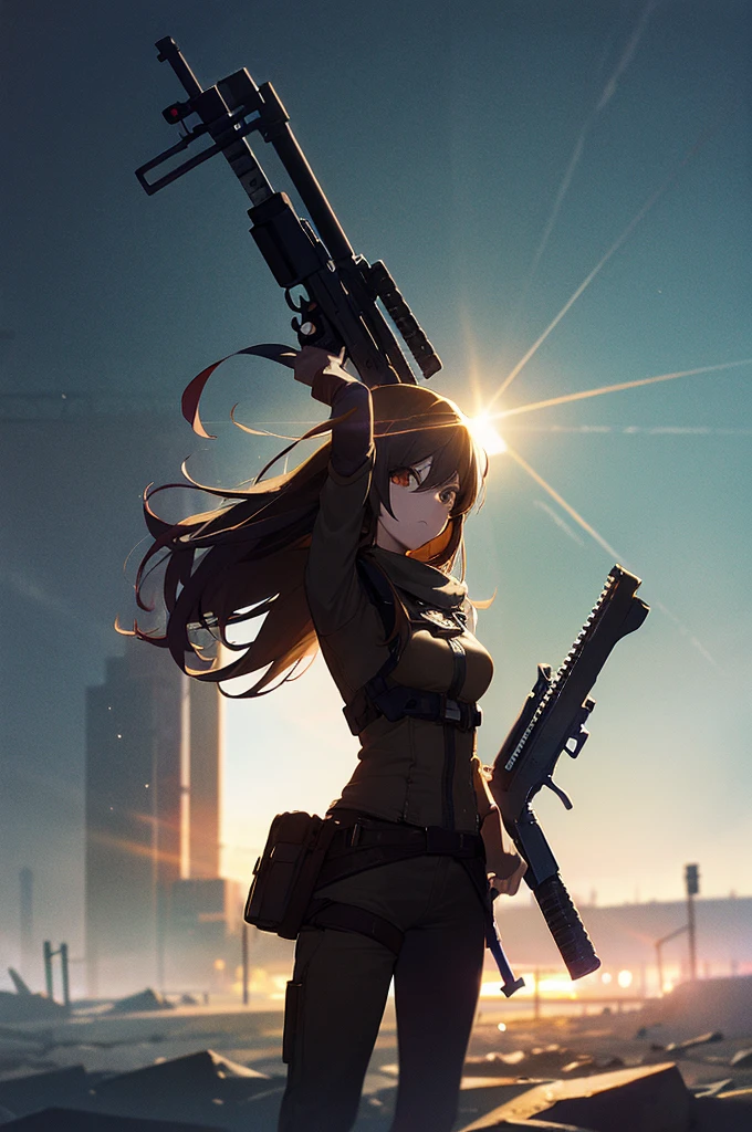 In the spotlight, holding_gun, assault_rifle, Very detailed, Brown Hair, Long Hair, Anime Style, whole body, alone, Stylish Gunfighter Girl, Holding a steampunk long barrel pistol,Standing in the wasteland, 8K high resolution, White Background, The background is a dark and desolate landscape, Horror movie atmosphere. Her figure is very beautiful, Emphasizing the dark and crazy elements. Skillfully expressing the effects of light and shadow, Anime girls with guns and rifles, from Girls&#39; Frontline, mechanized soldier girl, Girls&#39; Frontline style