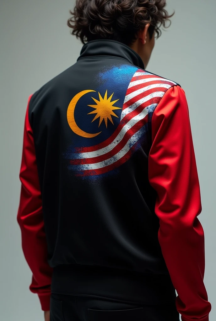 Jacket. Black body. Red arm. Abstract Malaysia flag design with Malaysia flag color on the back at top right shoulder 